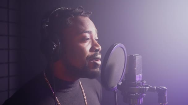 Black Pop Singer Performing Song Professional Recording Studio Portrait Talented — Stock Video