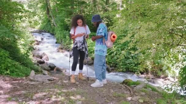 在暑假期间 黑人男子和混血女子在森林中旅行 用智能手机导航 在美丽的风景中描绘了两个带小河和绿树的远足者 — 图库视频影像