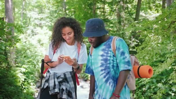 Turyści Poruszający Się Mapie Elektronicznej Aplikacji Mobilnej Mężczyzna Kobieta Podróżujący — Wideo stockowe