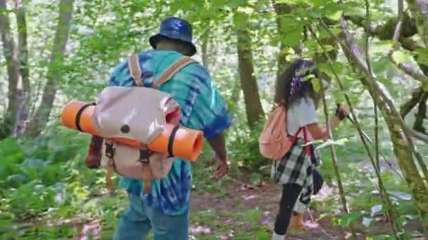Dwóch Podróżnych Spacerujących Lesie Weekendowa Wycieczka Charakterze Przyjaciół Lub Kochającej — Wideo stockowe
