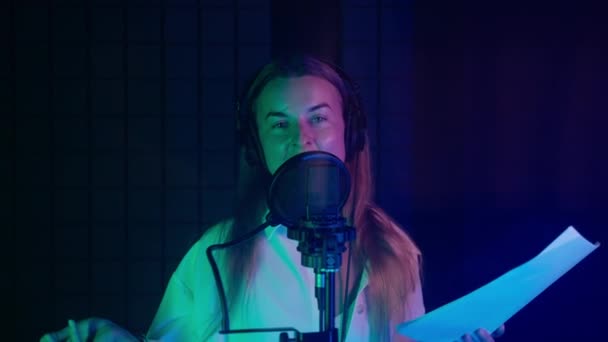 Slow Motion Shot Expressive Young Woman Working Audio Studio Record — Stock Video