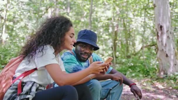 Smiling Couple Looking Smartphone Laughing Hike Forest Man Woman Have — Stock videók