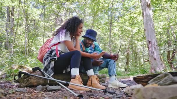 Couple Rest Sit Log Hike Watch Smartphone Smile Having Break — Stok Video