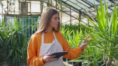 Genç kadın botanik bilimcisi, serada araştırma tableti yetiştirme bitkileri yapıyor. Çiftlik işçisi modern tarlada veri yetiştirme bitkileri topluyor. Tarım sektörü, sera konsepti.