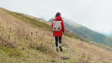 Dağa tırmanan kadın yürüyüşçülerin arka görüntüsü. Yamaçta baston tutarak yürüyor. Kaşif kız tepeleri aşıyor. Gezgin doğadaki vahşi yerleri keşfeder. Seyahat tutkusu turizm yolculuğu konsepti.