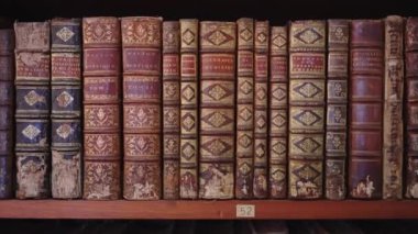 Raftaki antika antika kitaplar. İngilizce kitapları olan eski bir kütüphane. Altın desenli, kırmızı ve kahverengi renkli klasik kitap tasarımı. Bilimsel edebiyatla dolu kitaplık.