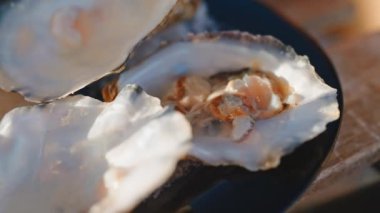 Güneşli bir günde, açık hava restoranında, tabakta servis edilen ezilmiş buzun üzerinde yedikten sonra yakın plan istiridye kabukları. Yenilebilir çiğ deniz ürünleri. Akdeniz mutfağı sağlıklı gıda konsepti.