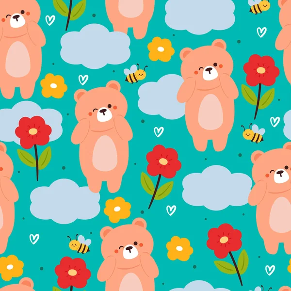 シームレスなパターン 花とかわいい熊 ギフトラップ紙のためのかわいい動物の壁紙 — ストックベクタ