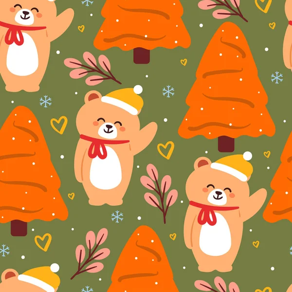 冬の日にシームレスなパターン漫画クマと木 ギフトラップ紙のためのかわいい動物の壁紙 — ストックベクタ