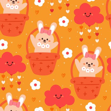 Kusursuz desenli çizgi film tavşanı ve çiçek. Tekstil için sevimli hayvan duvar kağıdı, hediye paketi kağıdı