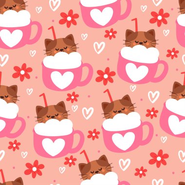 Kusursuz desenli çizgi film kedisi ve sevgililer günü elementi. Tekstil için sevimli sevgililer günü duvar kağıdı, hediye paketi kağıdı