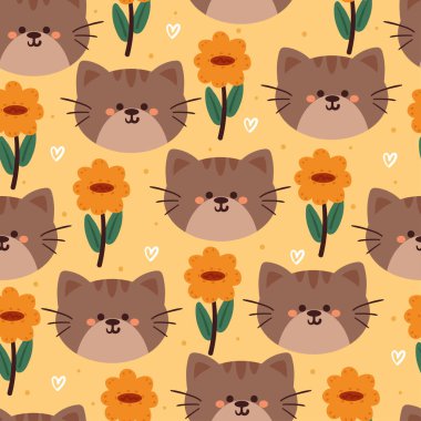 Kusursuz desenli karikatür kedi ve çiçek. Tekstil için sevimli hayvan duvar kağıdı, hediye paketi kağıdı