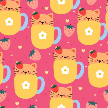 Çilekli bir fincanın içinde dikişsiz, şirin bir kedi. Çocuklar için sevimli hayvan duvar kağıdı, hediye paketi kağıdı.