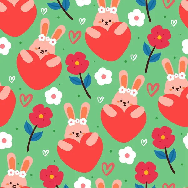 シームレスなパターン マンガ バニー 花とハート ギフトラップ紙のためのかわいい動物の壁紙 — ストックベクタ