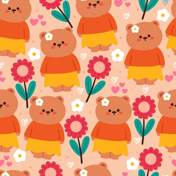 シームレスなパターンの漫画のクマと花 ギフトラップ紙のためのかわいい動物の壁紙のイラスト — ストックベクタ