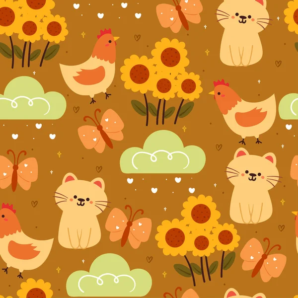 シームレスなパターンの漫画の猫と花 ギフトラップ紙のためのかわいい動物の壁紙 — ストックベクタ