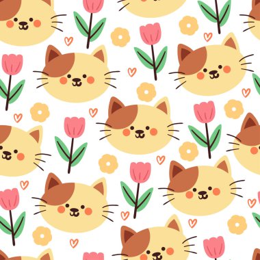 Kusursuz desenli karikatür kedi ve çiçek. Tekstil için sevimli hayvan duvar kağıdı, hediye paketi kağıdı
