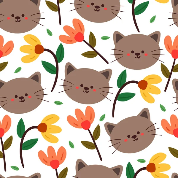 Motif Sans Couture Dessin Animé Chat Fleur Papier Peint Animal — Image vectorielle