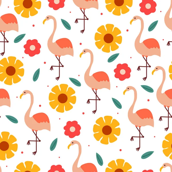 シームレスなパターン 花とかわいいフラミンゴ ギフトラップ紙のためのかわいい動物の壁紙 — ストックベクタ