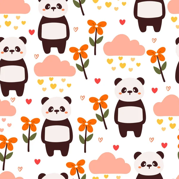 Kusursuz desenli karikatür panda, bulutlar ve çiçek. Tekstil için sevimli hayvan duvar kağıdı, hediye paketi kağıdı