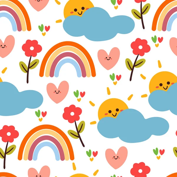 シームレスなパターンの漫画雲 虹と花 ギフトラップ紙のためのかわいい壁紙 — ストックベクタ