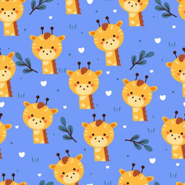 Kusursuz desenli zürafa, bitki ve çiçek. Tekstil hediye paketi kağıdı için sevimli hayvan duvar kağıdı