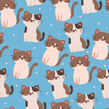 Kusursuz desenli çizgi film kedisi. Tekstil için sevimli hayvan duvar kağıdı, hediye paketi kağıdı