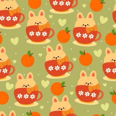 Kusursuz desenli çizgi film tavşanı bir bardağın içinde. Tekstil için sevimli hayvan duvar kağıdı, hediye paketi kağıdı