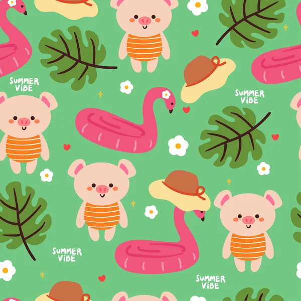 Seamless Pattern Cute Cartoon Pig Summer Vibes Cute Summer Wallpaper — Stock Vector