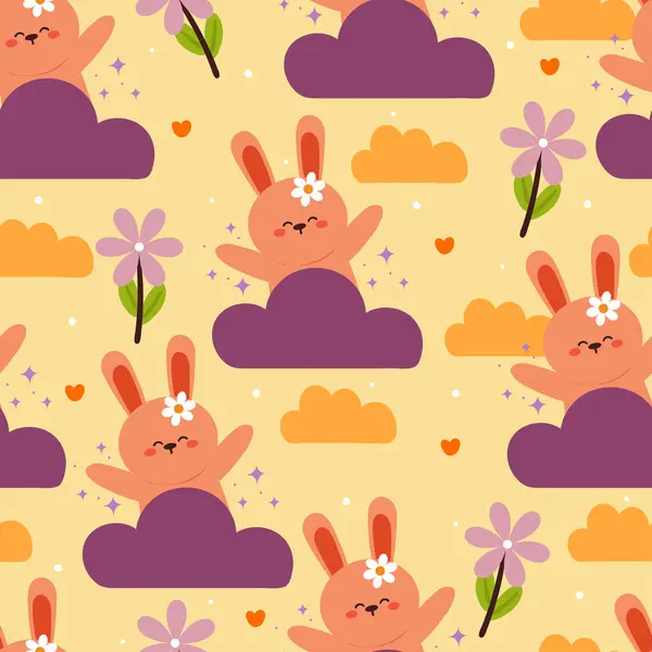 シームレスなパターンマンガンバニー 花と空の要素 ギフトラップ紙のためのかわいい動物の壁紙 — ストックベクタ