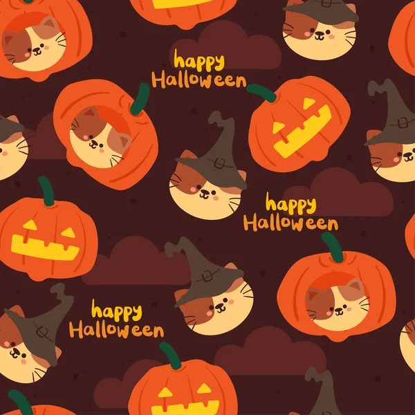 Halloween seamless pattern with cartoon pumpkin, cat, and halloween element. cute halloween wallpaper for holiday theme, gift wrap paper — Illustration Halloween Seamless Pattern Cartoon Pumpkin Cat Halloween Element Cute Halloween — Stock Vector