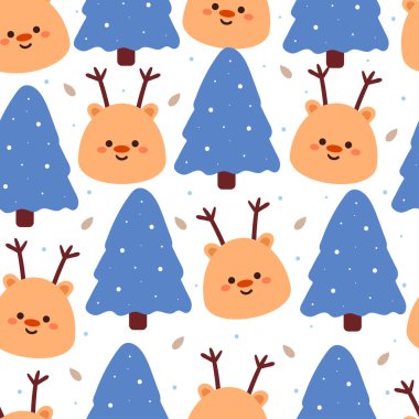 Kusursuz desenli karikatür geyiği ve ağaç. Tekstil için sevimli hayvan duvar kağıdı, hediye paketi kağıdı