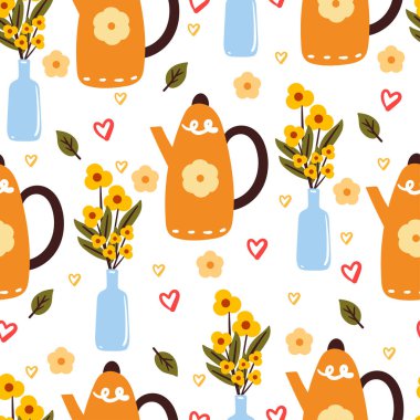 Kusursuz desenli çizgi film çiçekleri ve yaprakları. Tekstil için botanik duvar kağıdı, hediye paketi kağıdı