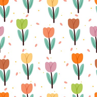 Kusursuz desenli çizgi film çiçekleri ve yaprakları. Tekstil için botanik duvar kağıdı, hediye paketi kağıdı