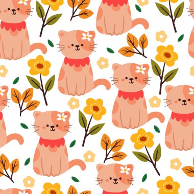 Kusursuz desenli çizgi film kedisi. Tekstil için sevimli hayvan duvar kağıdı, hediye paketi kağıdı