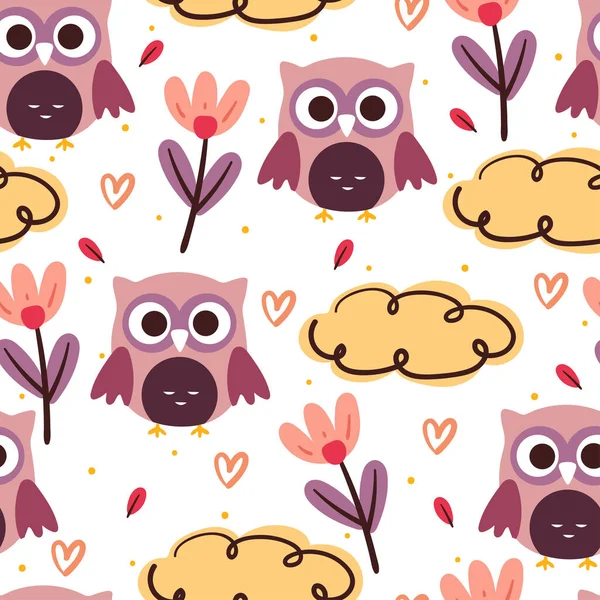 Seamless Pattern Cartoon Owl Flower Cute Animal Wallpaper Textile Gift — Stock Vector