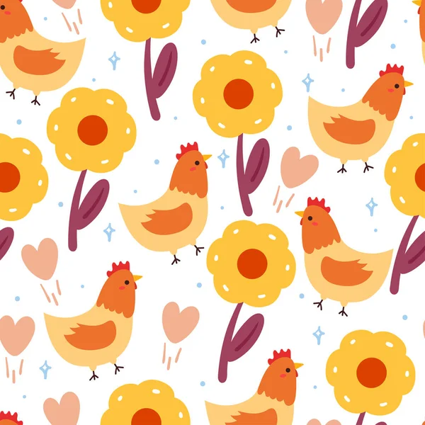 シームレスなパターン漫画チキンと花 ギフトラップ紙のためのかわいい動物の壁紙 — ストックベクタ