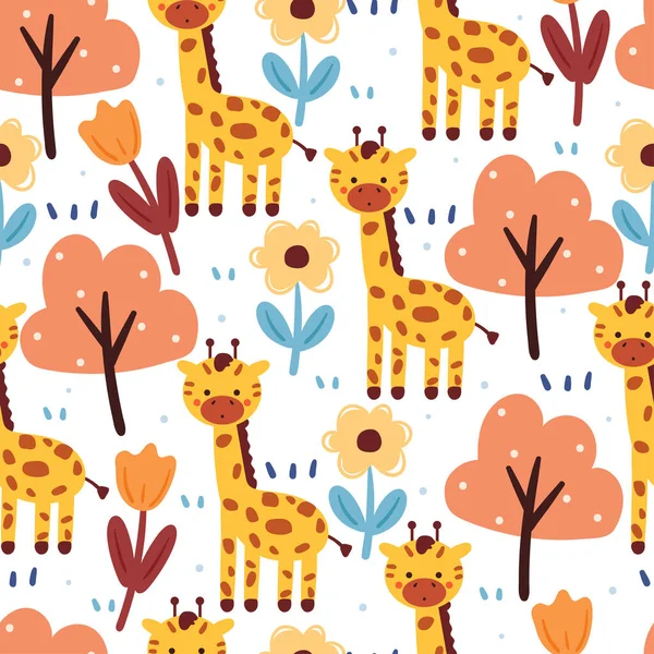 Kusursuz Desenli Zürafa Çiçek Tekstil Için Sevimli Hayvan Duvar Kağıdı — Stok Vektör