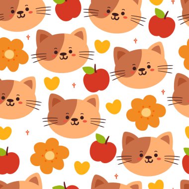Kusursuz desenli karikatür kedi ve çiçek. Tekstil için sevimli hayvan duvar kağıdı, hediye paketi kağıdı