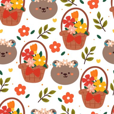 Kusursuz desenli çizgi film ayısı ve çiçek. hediye paketi kağıdı için sevimli hayvan duvar kağıdı çizimi