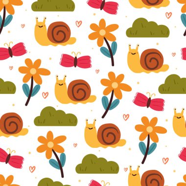 Kusursuz desenli karikatür salyangoz ve kelebek sevimli hayvan duvar kağıdı tekstil için, hediye paketi kağıdı.