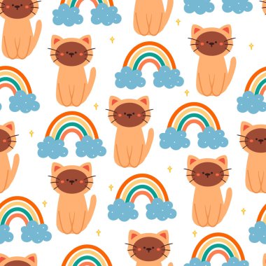 Kusursuz desenli çizgi film kedisi. Tekstil için sevimli hayvan duvar kağıdı, hediye paketi kağıdı