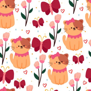 Kusursuz desenli çizgi film kedisi. Tekstil için sevimli hayvan duvar kağıdı, hediye paketi kağıdı