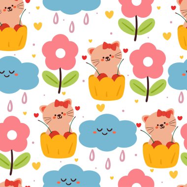 Kusursuz desenli çizgi film kedisi. Tekstil için sevimli hayvan duvar kağıdı, hediye paketi kağıdı