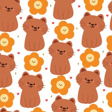 Kusursuz desenli karikatür kedi ve çiçek. Tekstil için sevimli hayvan duvar kağıdı, hediye paketi kağıdı