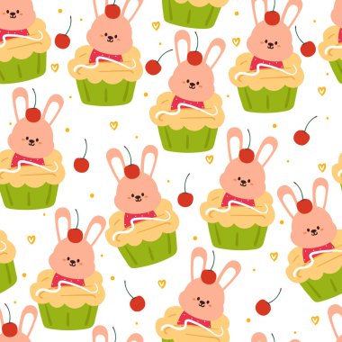 Kusursuz desenli çizgi film tavşanı. Tekstil için sevimli hayvan duvar kağıdı, hediye paketi kağıdı