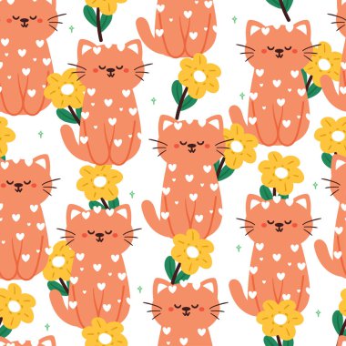 Kusursuz desenli karikatür kedi ve çiçek. Tekstil için sevimli hayvan duvar kağıdı, hediye paketi kağıdı