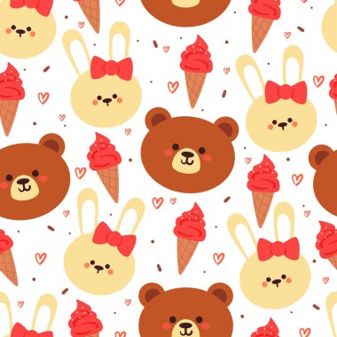 Kusursuz desenli çizgi film tavşanı ve çilekli dondurma. Tekstil için sevimli hayvan duvar kağıdı, hediye paketi kağıdı