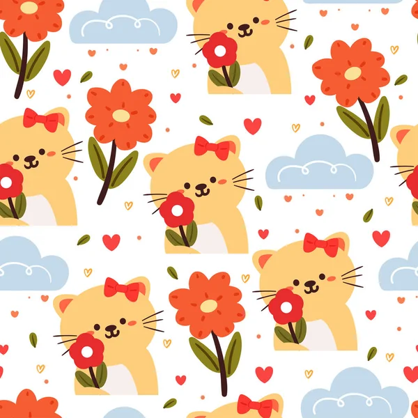 Motif Sans Couture Dessin Animé Chat Fleur Papier Peint Animal — Image vectorielle