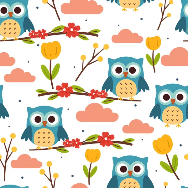Seamless Pattern Cartoon Owl Cute Animal Wallpaper Textile Gift Wrap — Stock Vector